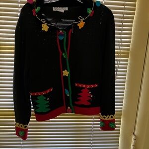 Festive Black Cardigan with Colorful Accents